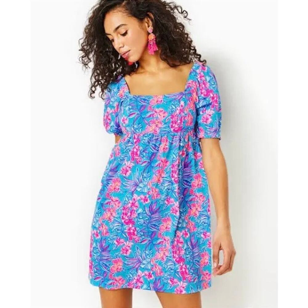 Lilly Pulitzer Blue Pink Cumulus Orchid Oasis Short Sleeve Delaney Dress Size 6